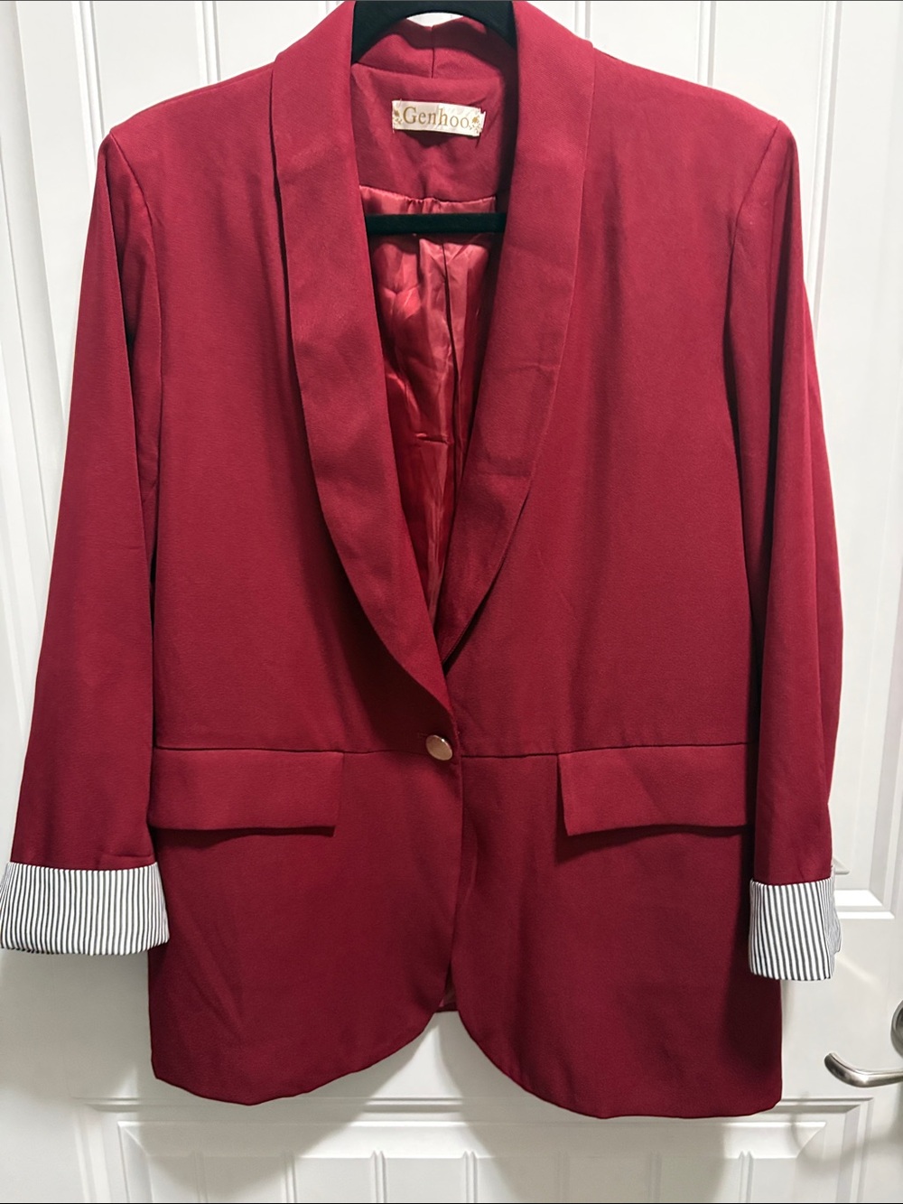 Genhoo Large Burgundy Boyfriend Blazer Striped Cuff Longline